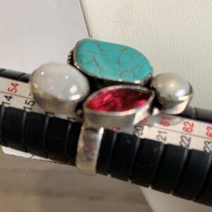 Sterling Silver Ring with Turquoise, Red, and White Stones